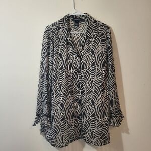 Maggie Barnes 0X 16W Womens Sheer Blouse Black/White patterned